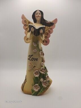 Angel Figurine Holding Book With Flowing Gown "Love" Flowers Dragonfly Accents